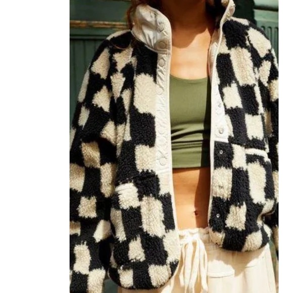 FREE PEOPLE FP MOVEMENT Hit The Slopes Printed Fleece Jacket Black White Checker - Picture 9 of 16